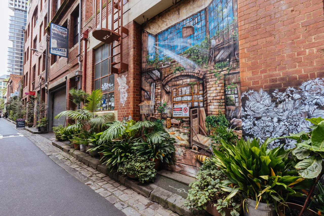 Melbourne, Australia - March 5, 2022 - Architectural details in Melbourne's Guildford Lane on a cloudy overcast day in Melbourne, Victoria, Australia