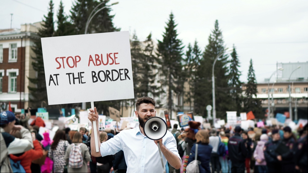 Angry man hold no deport banner. Immigration crisis protest. Crowd wave placard. Stop immigrants deportation. Anti migration issue demonstration. Guy against migrants abuse. Refugee march city street.