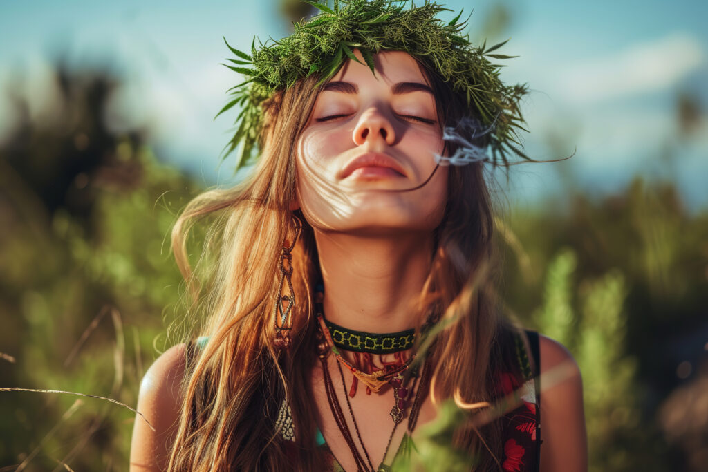 young caucasian hippie woman smoking marijuana and flower wreath in her hair, with marijuana plants, natural blurred background