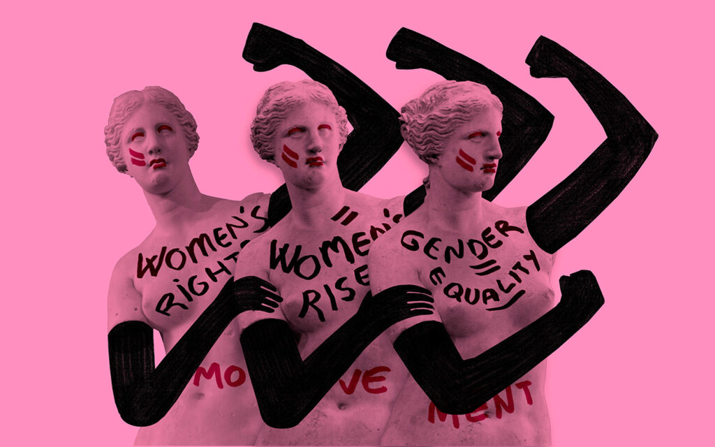 PK9E1G Feminist movement for women's rights. Women struggle to change the classic vision of women. Movement for women's rights. Conceptual illustration.